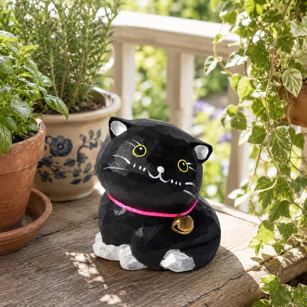 Whimsical Black Cat Wood Carving, Wooden Tuxedo Kitten Figurine, Hand Carved Pet Decor, Cute Desk Pet, Cat Lover Gift Idea