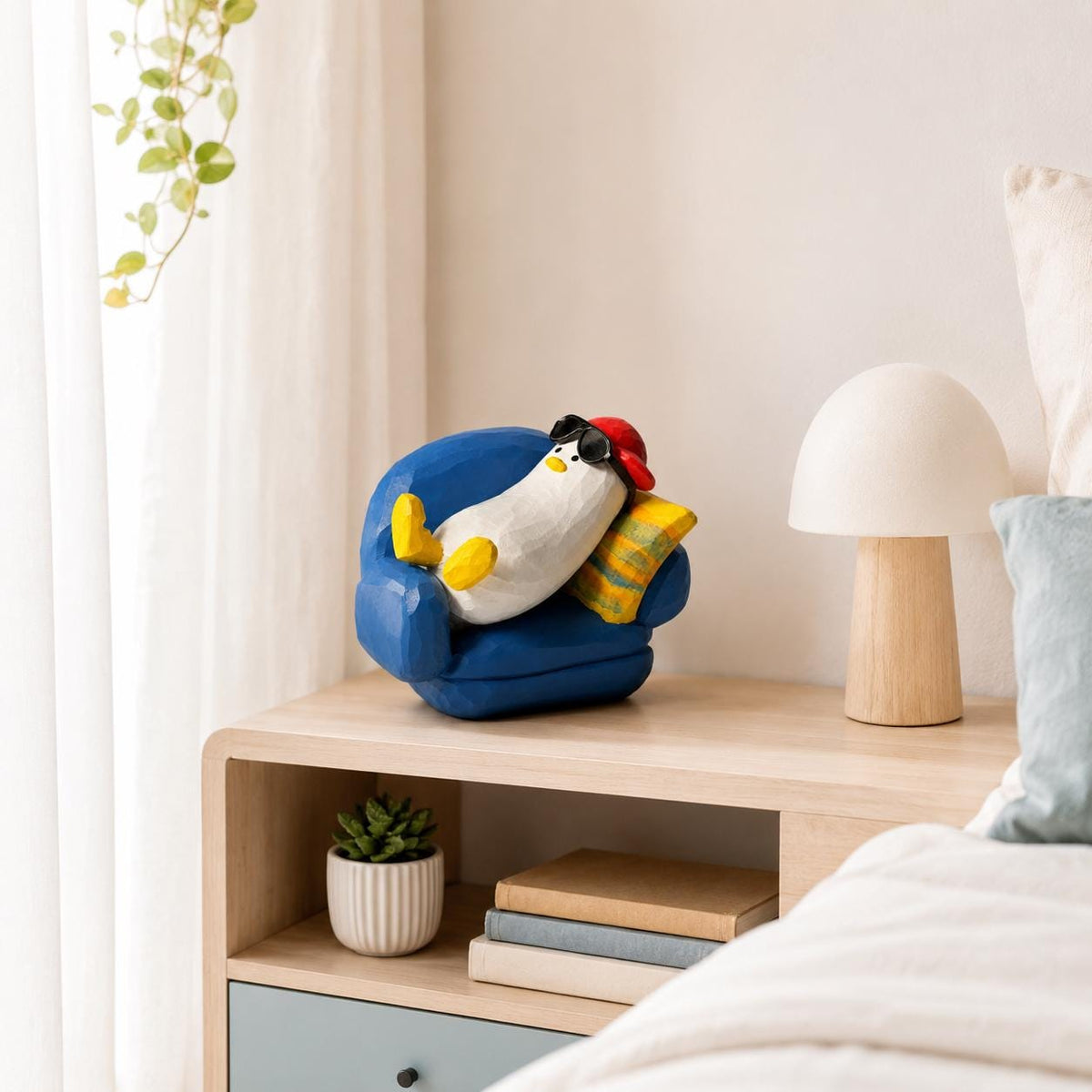 Funny Wooden Duck in Armchair Figurine, Hand Carved Chill Bird Decor, Whimsical Desk Accessory, Unique Gift for Coworker or Friend