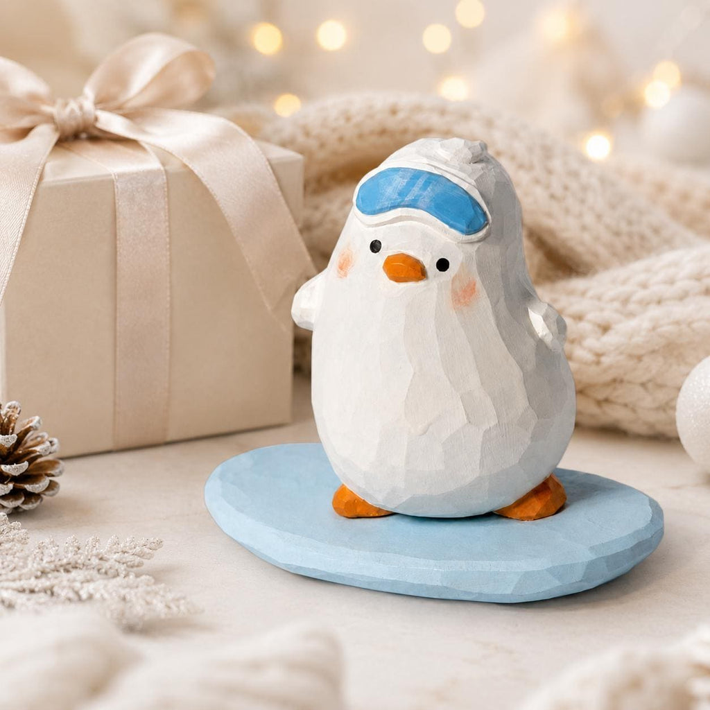 Whimsical Snowboarding Bird Wood Carving, Cute Winter Decor, Hand Carved Penguin Figurine, Ski Lover Gift
