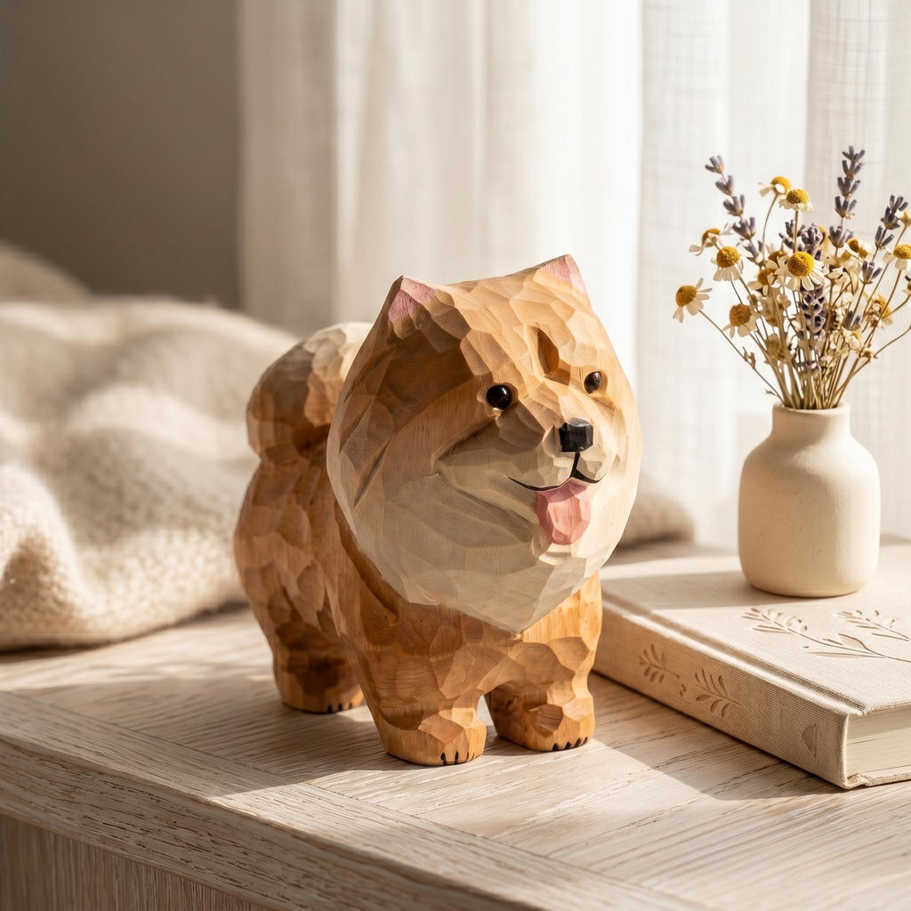 Hand Carved Wooden Pomeranian Figurine, Fluffy Dog Desktop Decor, Rustic Animal Art Sculpture, Pet Memorial Gift for Dog Lover