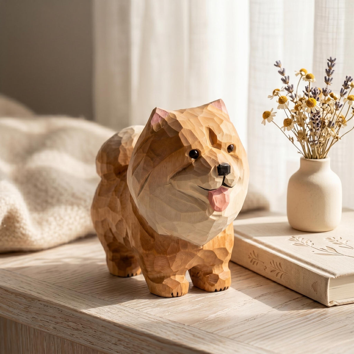 Hand Carved Wooden Pomeranian Figurine, Fluffy Dog Desktop Decor, Rustic Animal Art Sculpture, Pet Memorial Gift for Dog Lover