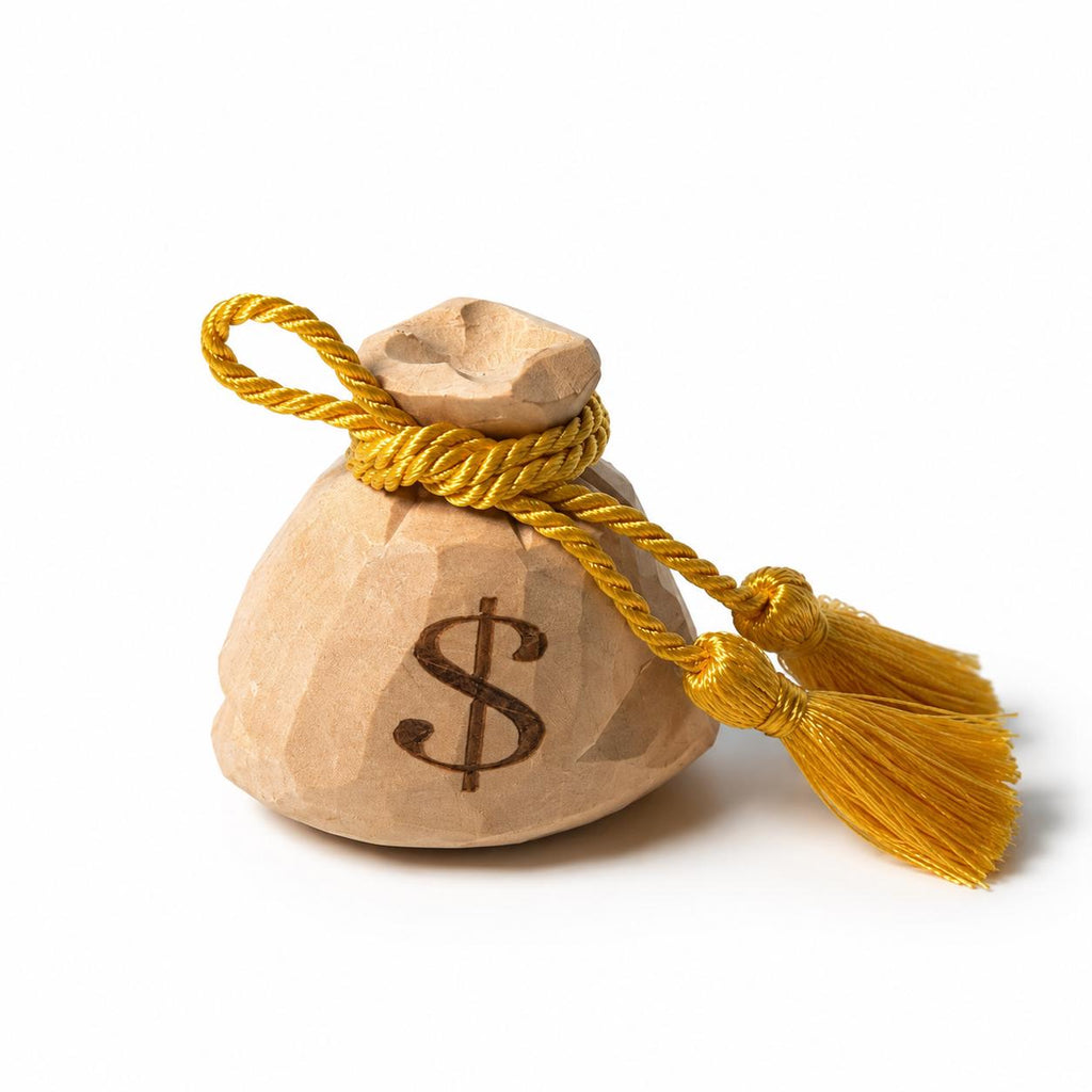 Hand Carved Wooden Money Bag, Dollar Sign Coin Purse Figurine, Gold Tassel Wealth Symbol, Rustic Farmhouse Desk Decor, Lucky Money Gift