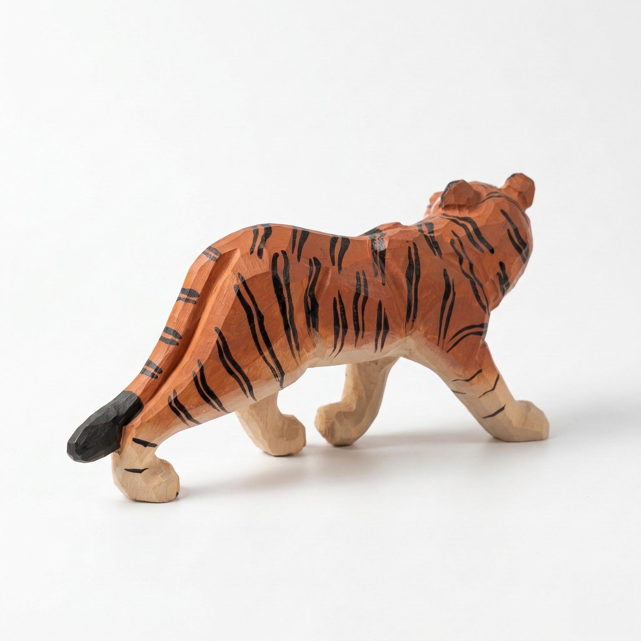 Hand-Carved Wood Tiger Figurine, Artisan Animal Sculpture, Jungle Nursery Decor, Tiger Statue