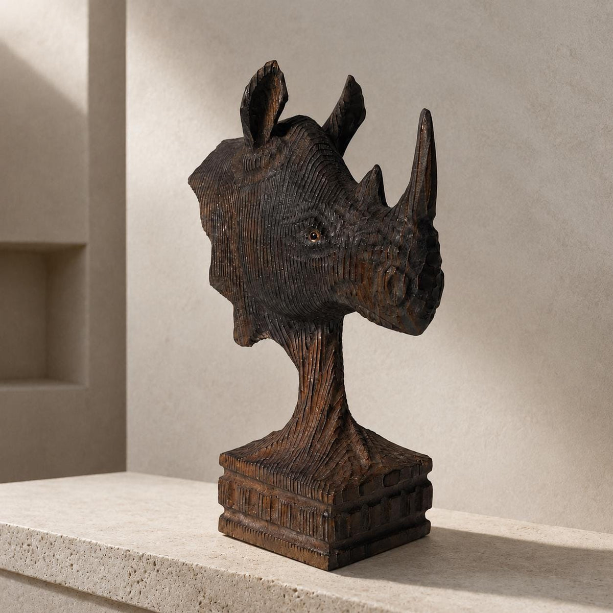 Majestic Wooden Rhino Bust Hand Carved Animal Sculpture Rustic Safari Desk Decor Unique Wildlife Lover Gift for Him