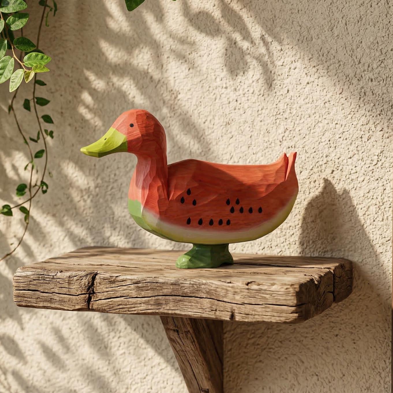 Whimsical Wooden Watermelon Duck Figurine | Hand Carved Wood Bird Sculpture | Summer Tropical Decor | Unique Gift for Animal Lovers