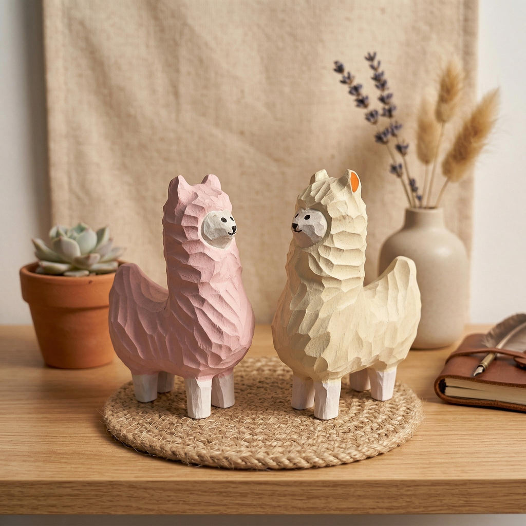 Whimsical Wooden Alpaca Couple Hand Carved Llama Figurines Pastel Nursery Decor Unique Animal Lover Gift Desk Pet Wood Anniversary Present