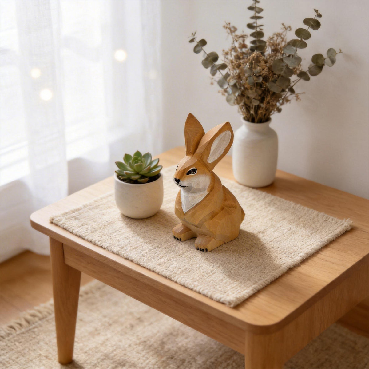 Hand Carved Wooden Bunny Figurine, Geometric Woodland Animal Statue, Minimalist Decor