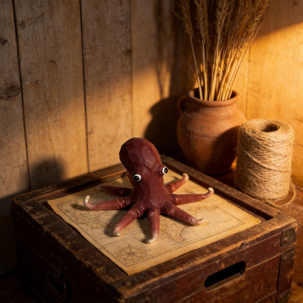 Whimsical Carved Wooden Octopus Figurine, Coastal Yarn Tentacle Sea Creature Decor, Quirky Nautical Desk Accessory, Ocean Lover Gift Idea
