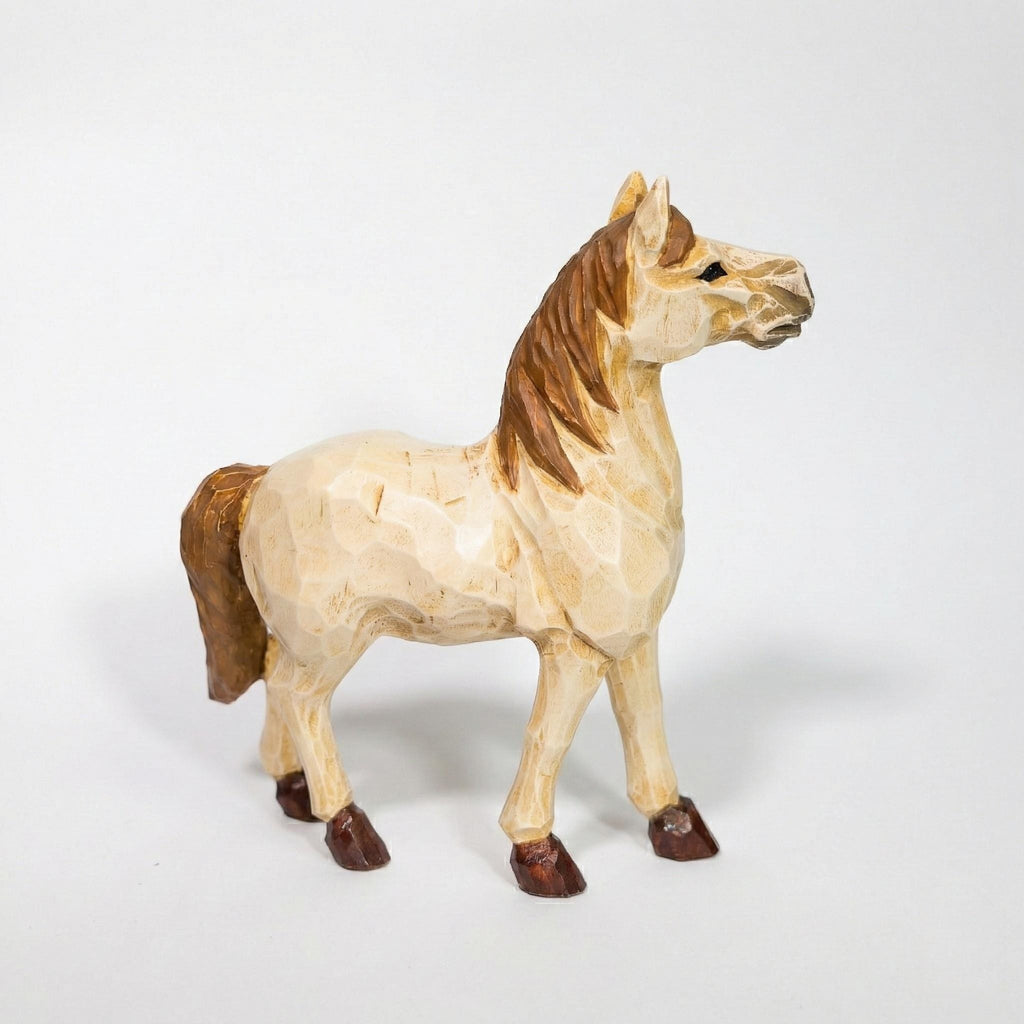 Whimsical Hand-Carved Wooden Horse Figurine, Rustic Equine Statue, Geometric Animal Art, Farmhouse Decor, Horse Lover Gift Idea