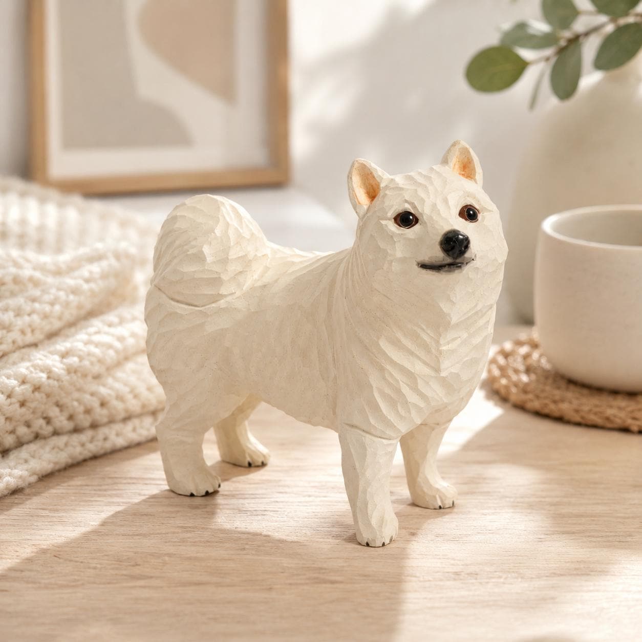 Handcarved White Spitz Dog Figurine Wooden Puppy Statue Rustic Shelf Decor Pet Memorial Gift Carved Samoyed Sculpture Dog Lover Present