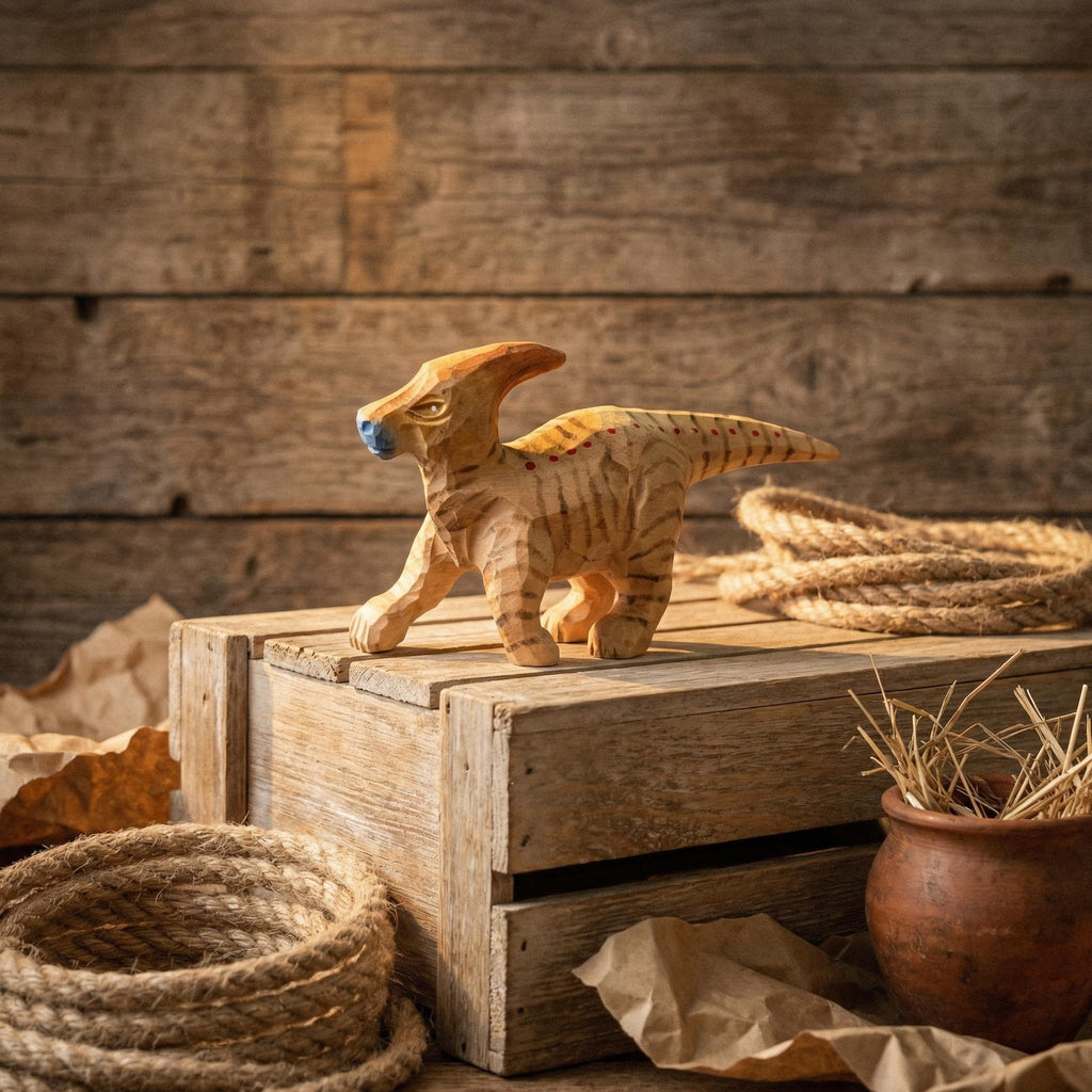 Hand-Carved Wooden Dinosaur Figurine, Parasaurolophus Wood Carving, Whimsical Nursery Decor, Rustic Animal Toy, Unique Gift for Dino Lover