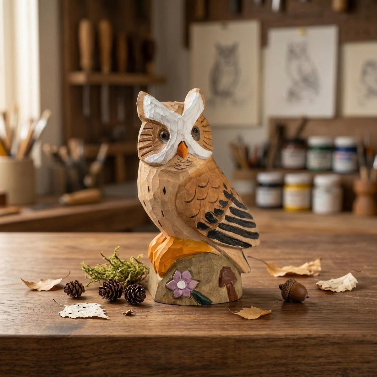 Whimsical Hand-Carved Wooden Owl Figurine, Rustic Woodland Animal Decor, Unique Bird Sculpture, Nature Lover Desk Gift Idea
