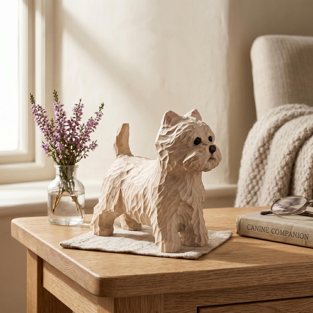 Hand Carved Wooden Westie Figurine, Rustic White Terrier Dog Sculpture, Folk Art Pet Memorial Gift for Dog Lovers, Desk Decor