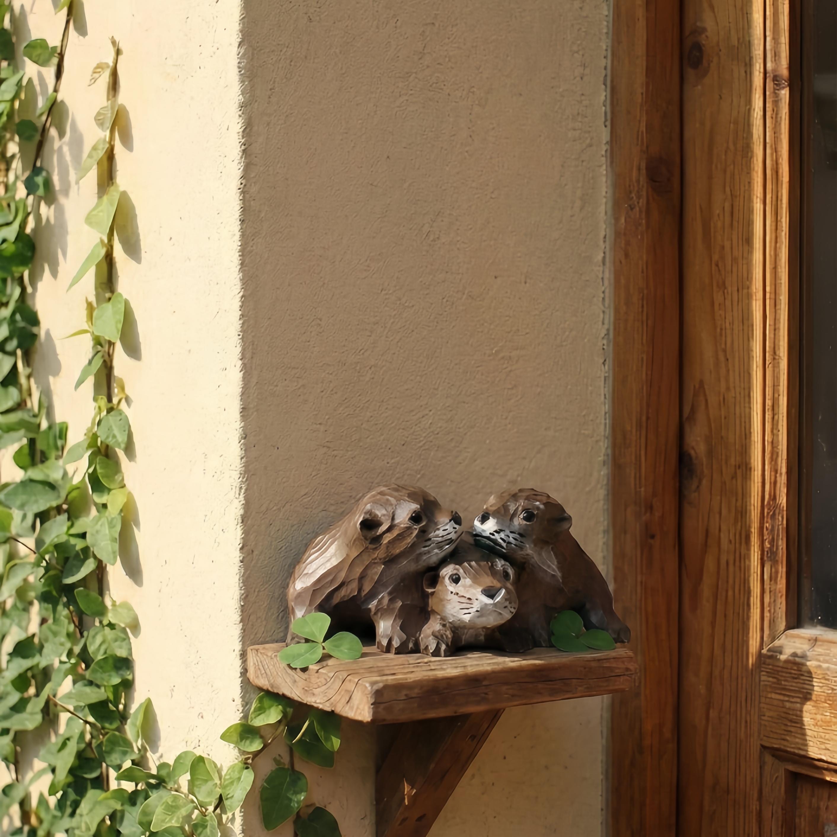 Handmade Wood Otter Trio Figurine, Garden Statue & Planter Decor,  Outdoor Porch Ornament, Friendship Gift
