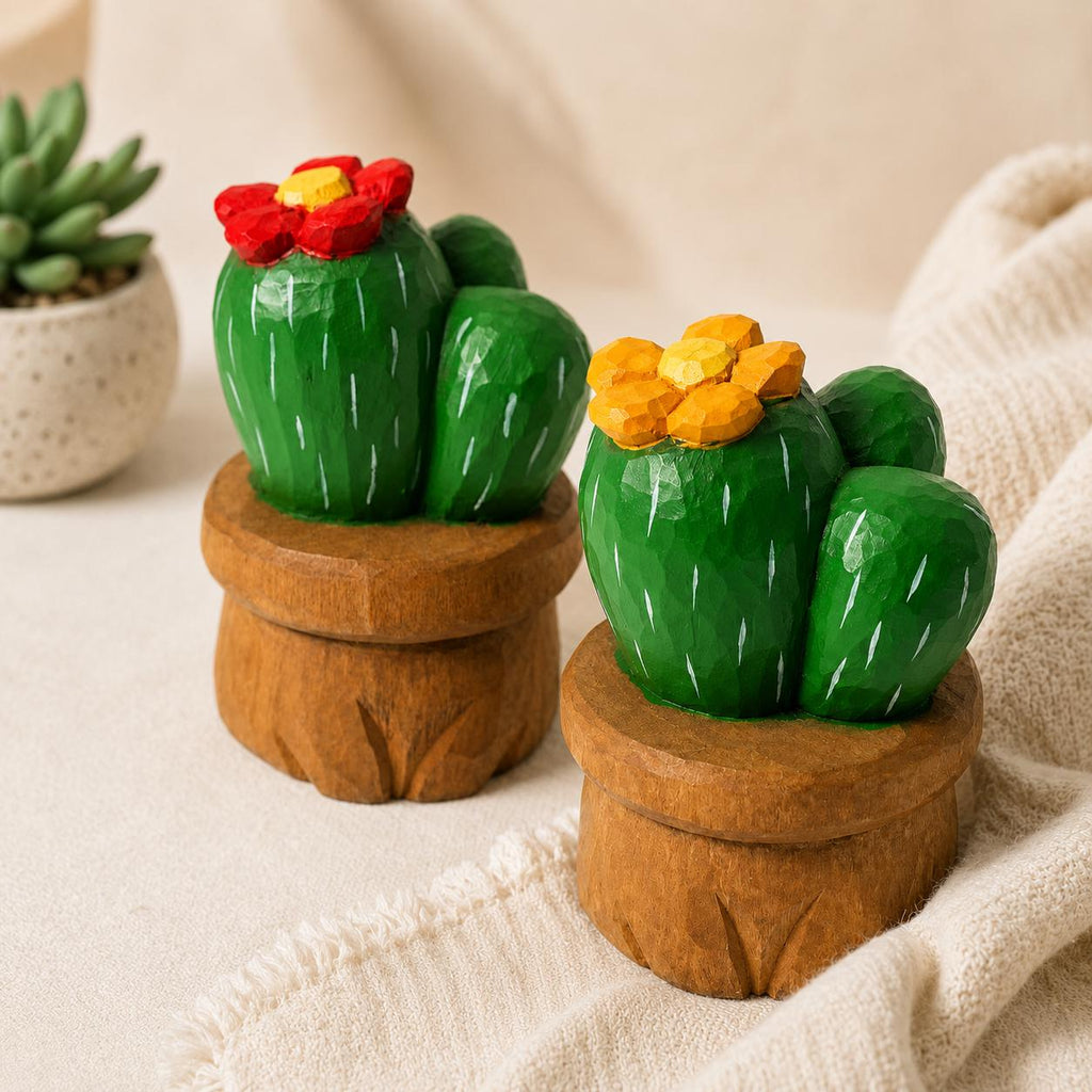 Hand Carved Wooden Cactus in Pot | Painted Succulent Figurine with Flower | Desert Plant Desk Decor | Unique Plant Lover Gift