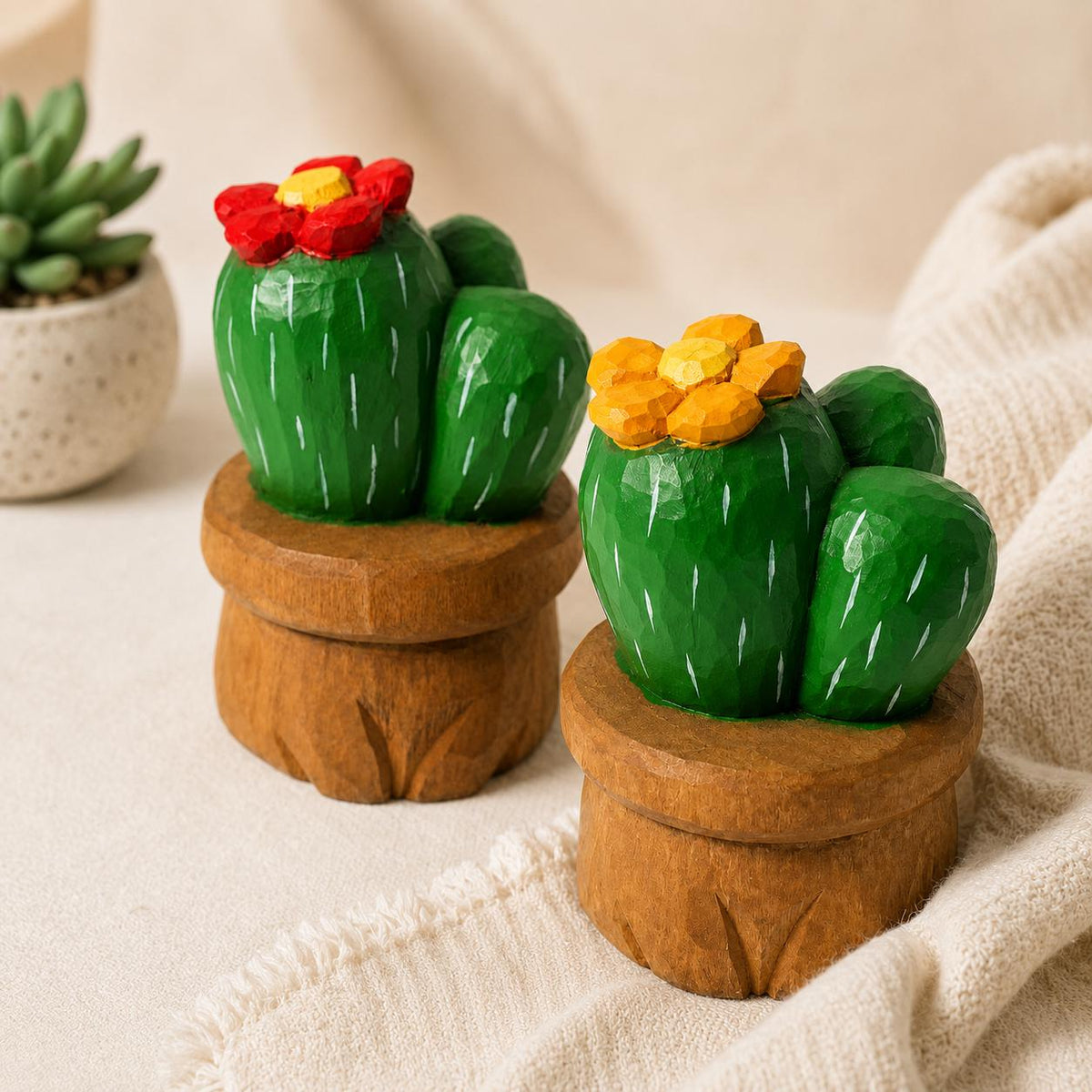 Hand Carved Wooden Cactus in Pot | Painted Succulent Figurine with Flower | Desert Plant Desk Decor | Unique Plant Lover Gift
