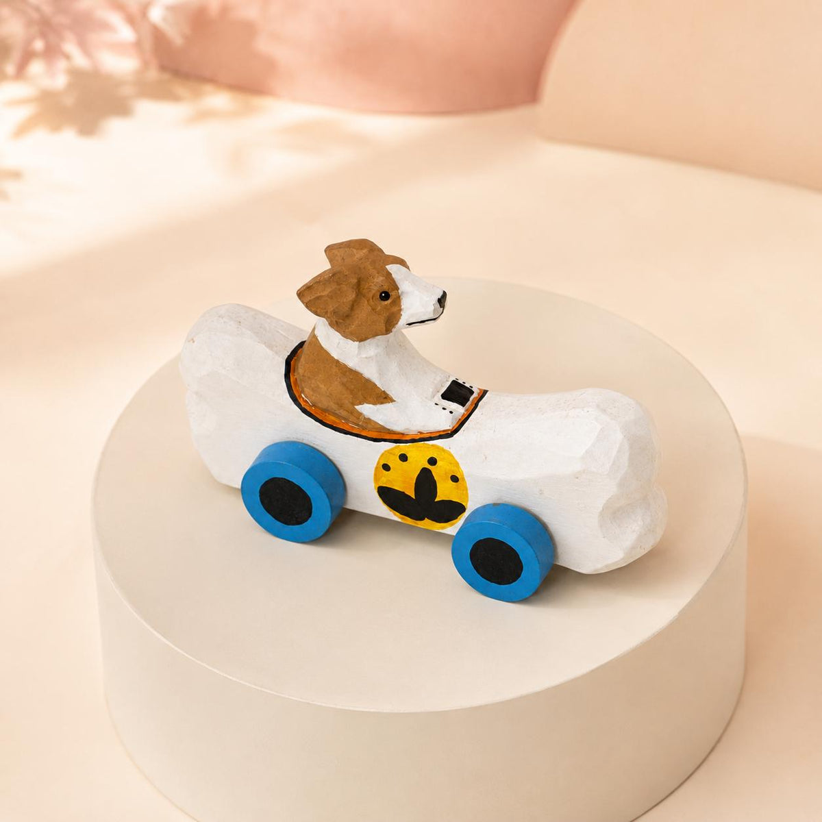 Whimsical Wooden Dog in Bone Car, Hand Carved Animal Figurine, Rustic Nursery Decor, Wood Craft Art, Unique Gift for Dog Lover