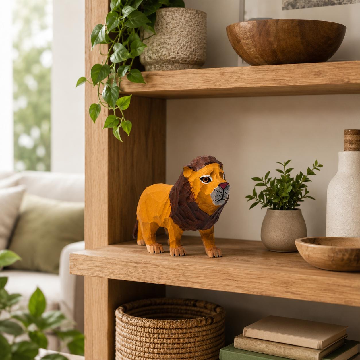 Hand-Carved Wooden Lion Figurine | Whimsical Wood Animal Sculpture | Geometric Desk Decor | Safari Lover Gift Idea
