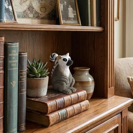 Whimsical Ring-Tailed Lemur Wood Carving | Handmade Wooden Animal Figurine | Safari Nursery Decor | Unique Wildlife Lover Gift
