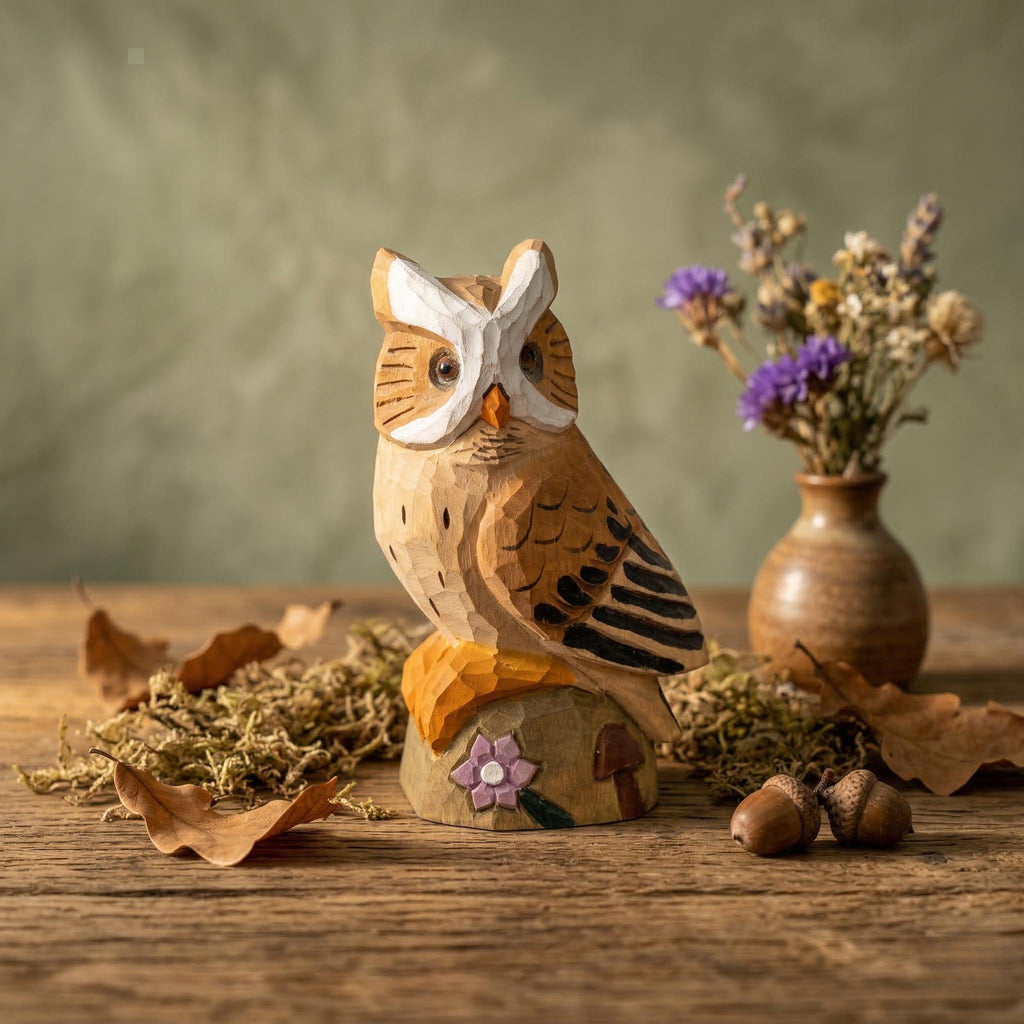 Whimsical Hand-Carved Wooden Owl Figurine, Rustic Woodland Animal Decor, Unique Bird Sculpture, Nature Lover Desk Gift Idea
