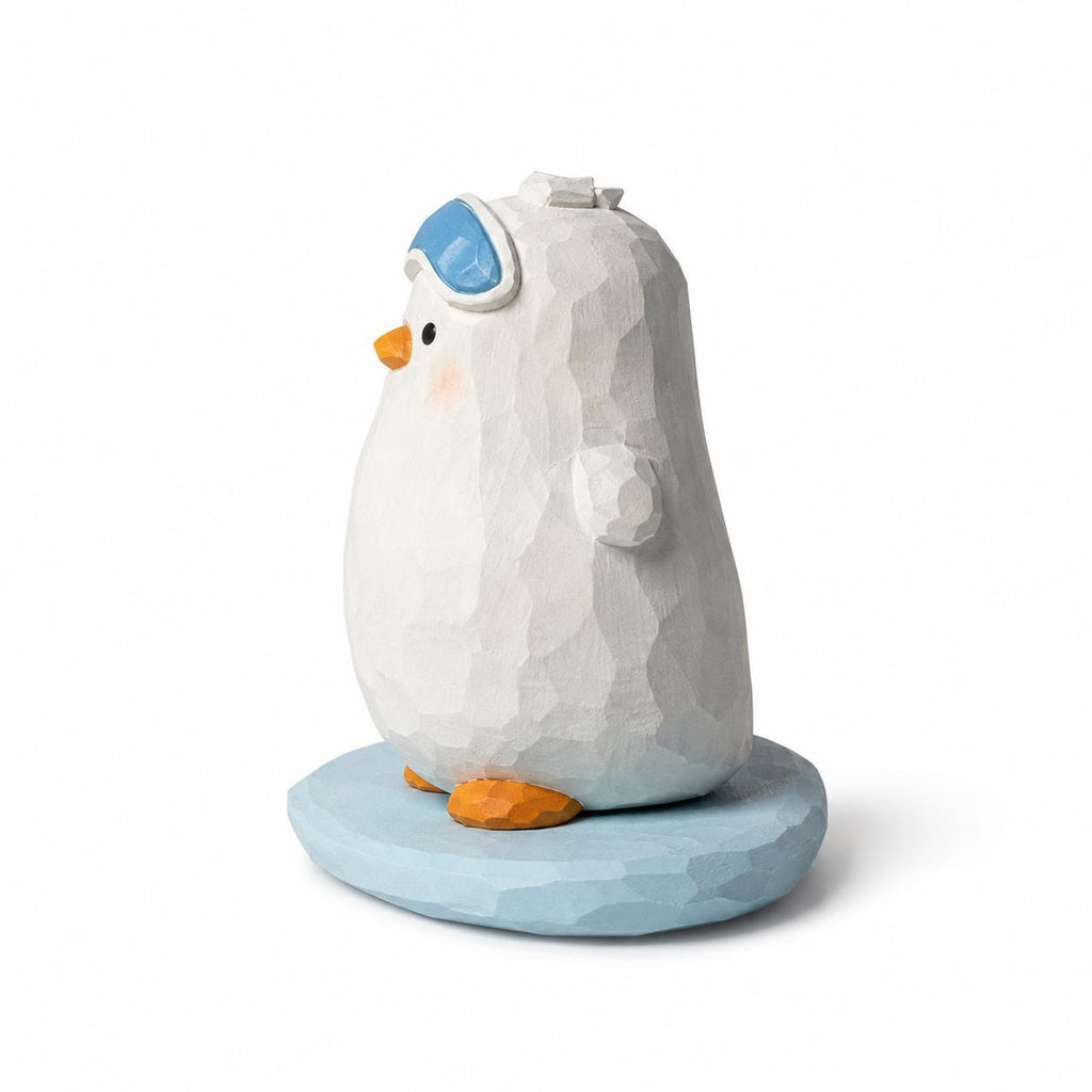 Whimsical Snowboarding Bird Wood Carving, Cute Winter Decor, Hand Carved Penguin Figurine, Ski Lover Gift