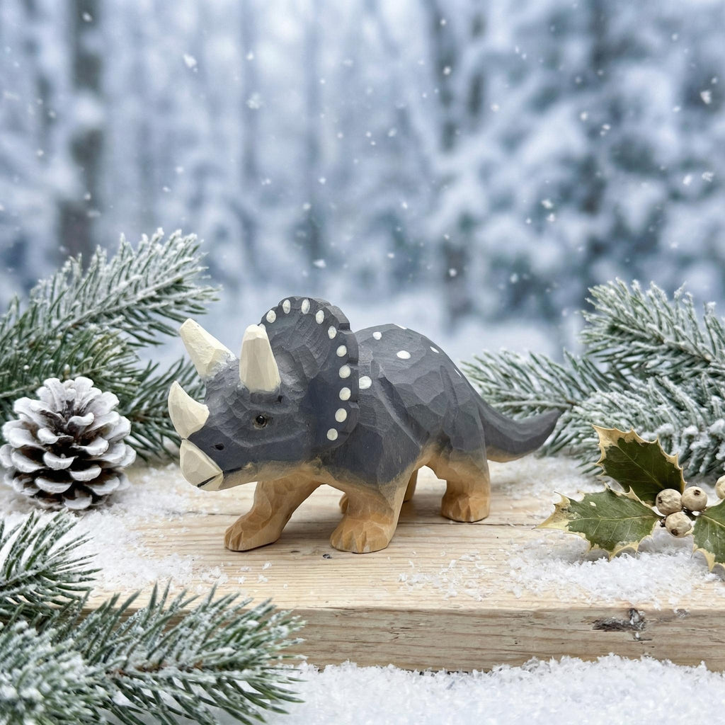 Hand Carved Wooden Triceratops Figurine, Rustic Nursery Art, Woodland Dinosaur Decor