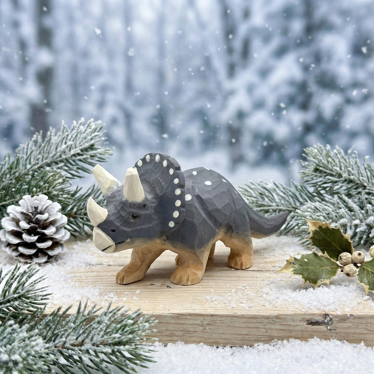 Hand Carved Wooden Triceratops Figurine, Rustic Nursery Art, Woodland Dinosaur Decor