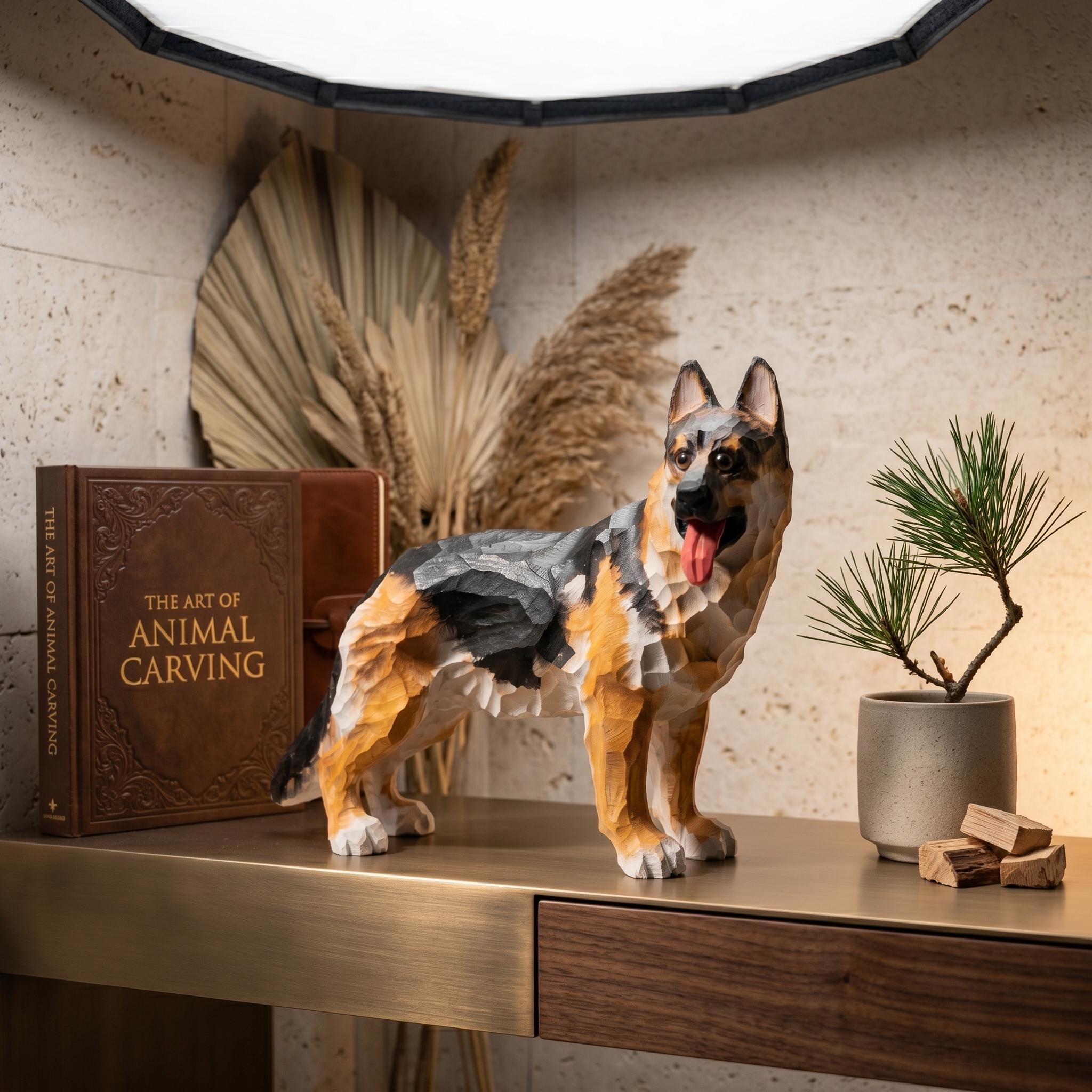 Loyal Hand Carved Wooden German Shepherd Figurine, Rustic Dog Sculpture Pet Memorial Art, Unique Gift for Dog Lover