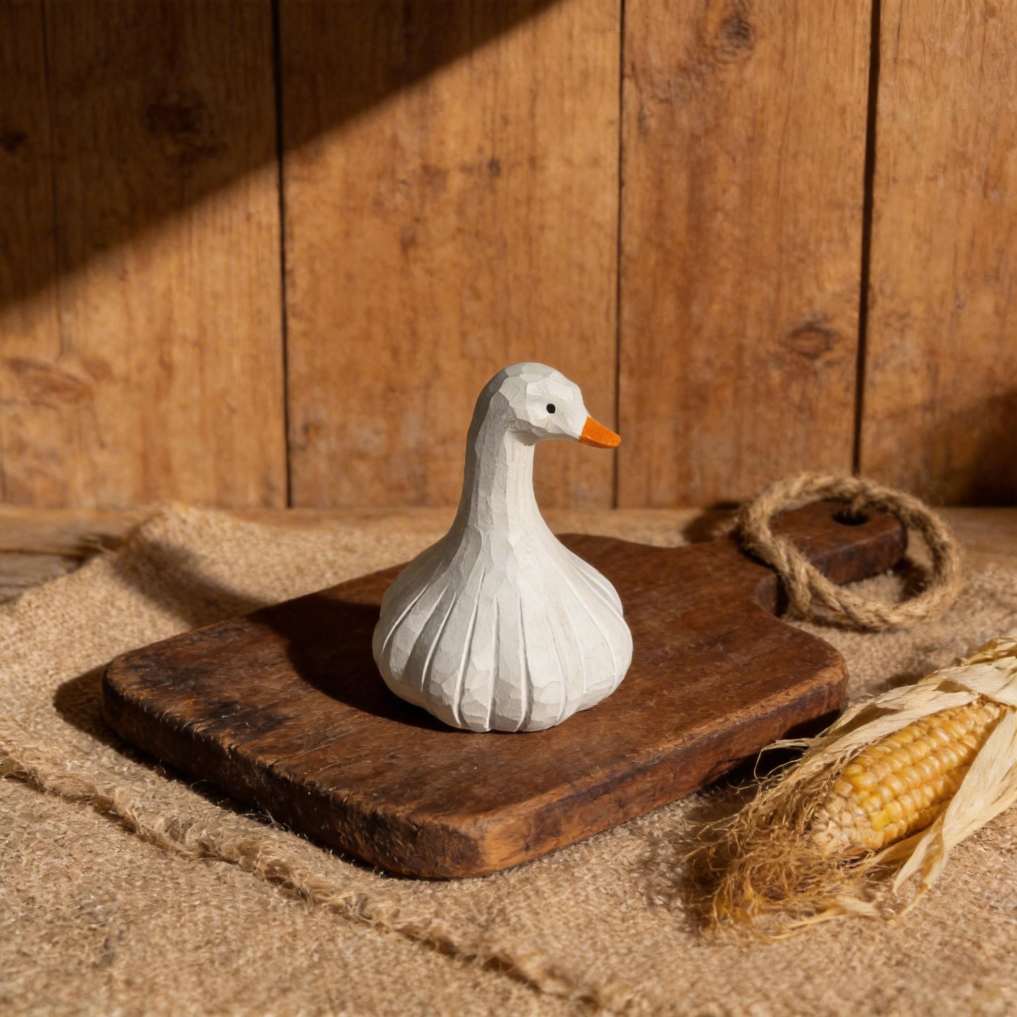 Whimsical Hand-Carved Wooden Goose Figurine, Rustic White Bird Sculpture, Farmhouse Kitchen Decor, Quirky Garlic Goose Art