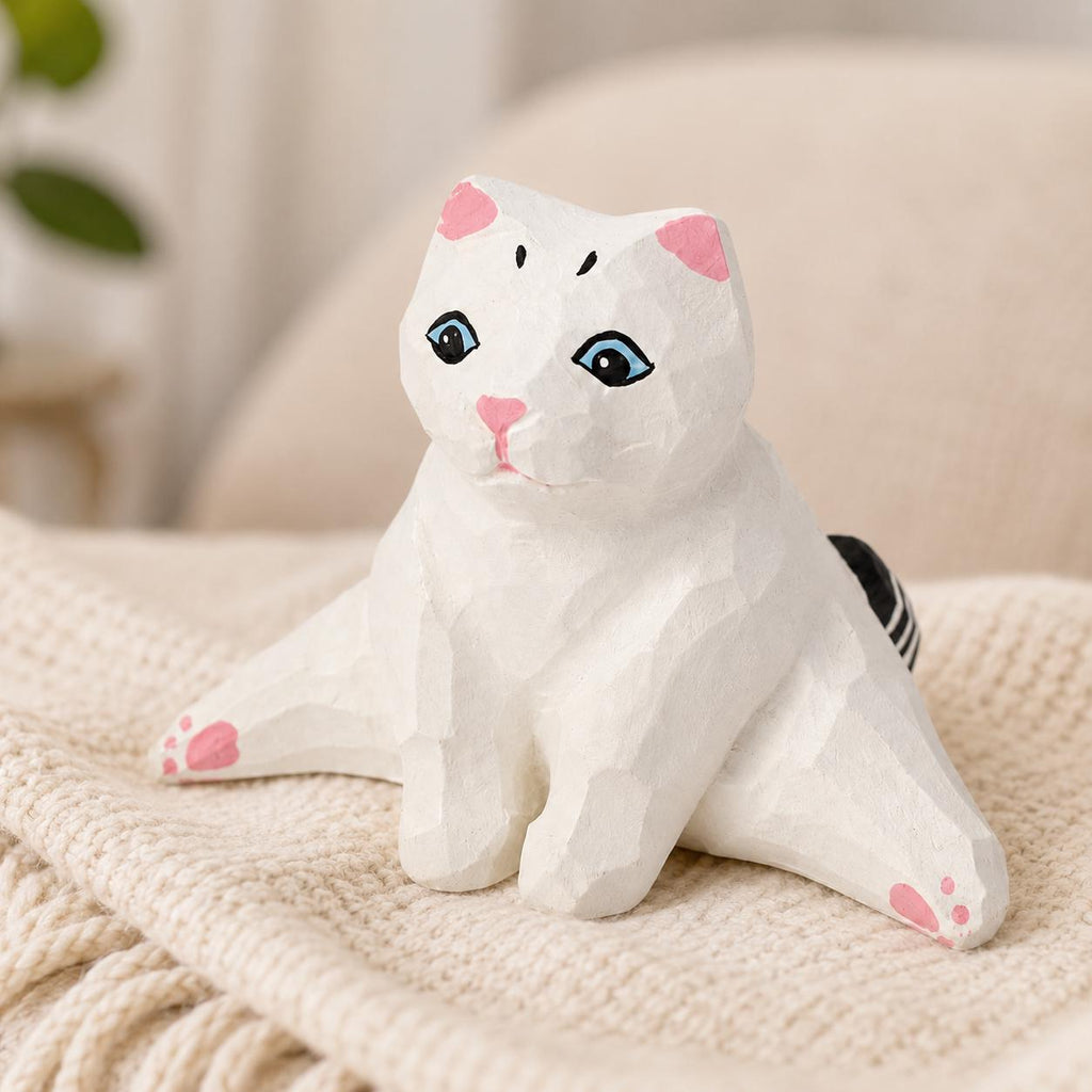 Whimsical White Cat Wood Carving Funny Sploot Kitty Figurine Cat Lover Gift