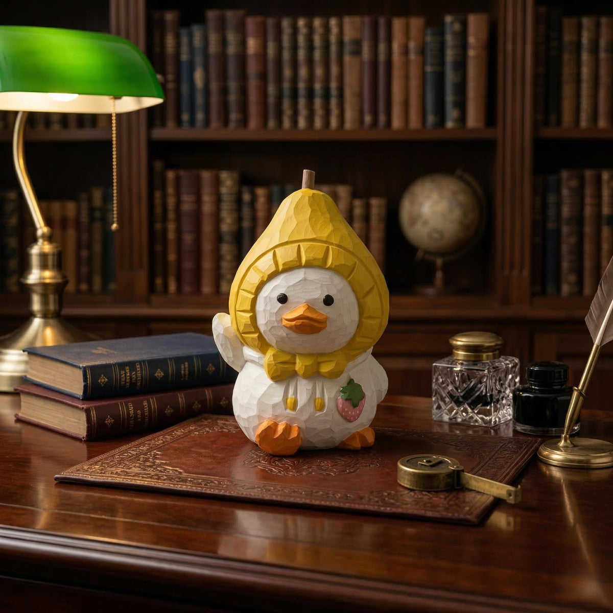 Whimsical Hand-Carved Wooden Duckling in Pear Hat Figurine - Cute Fruit Animal Wood Carving - Housewarming Gift for Duck Lovers