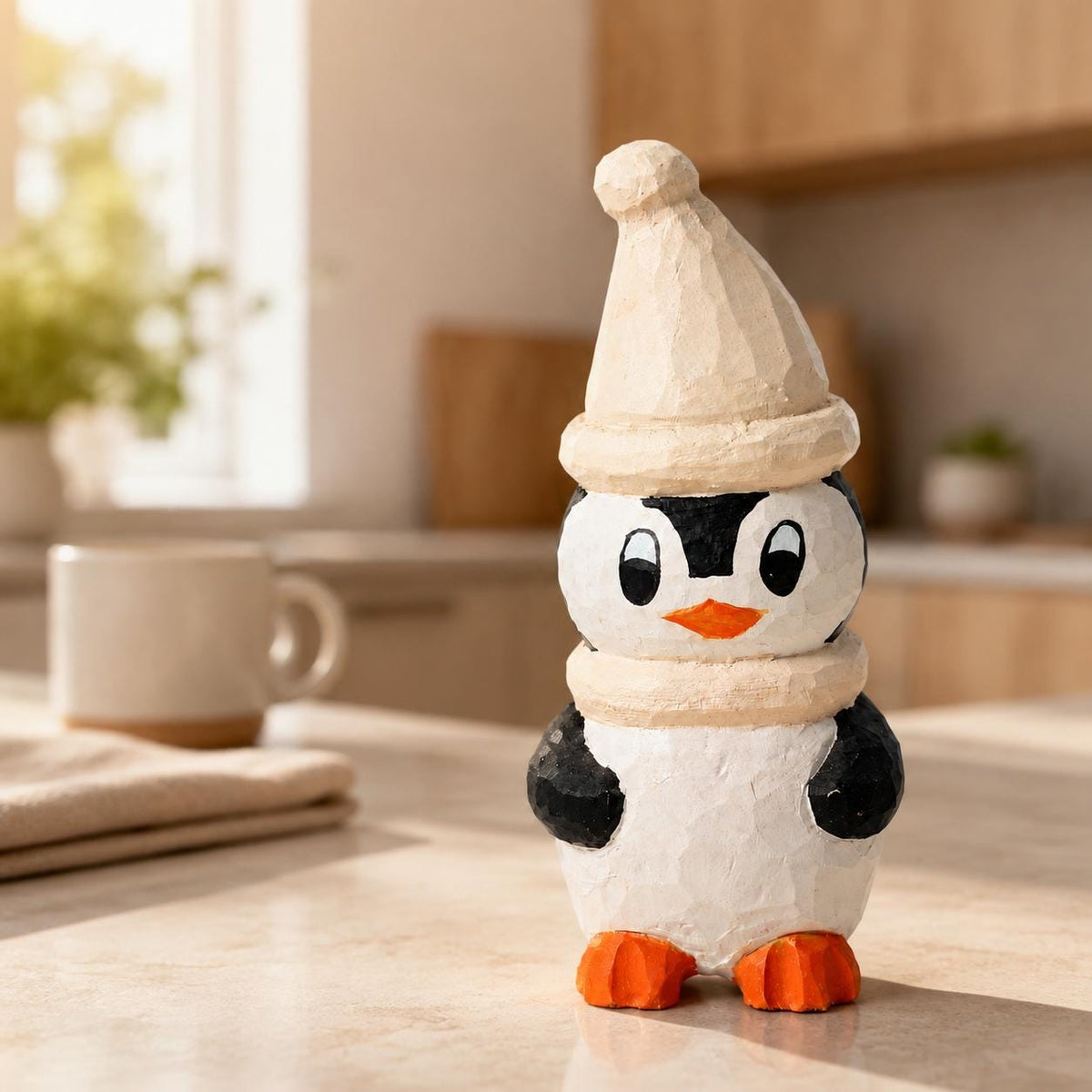 Cozy Hand Carved Wood Penguin Figurine Rustic Winter Animal Decor Wooden Woodland Art Cute Christmas Nursery Gift for Kids