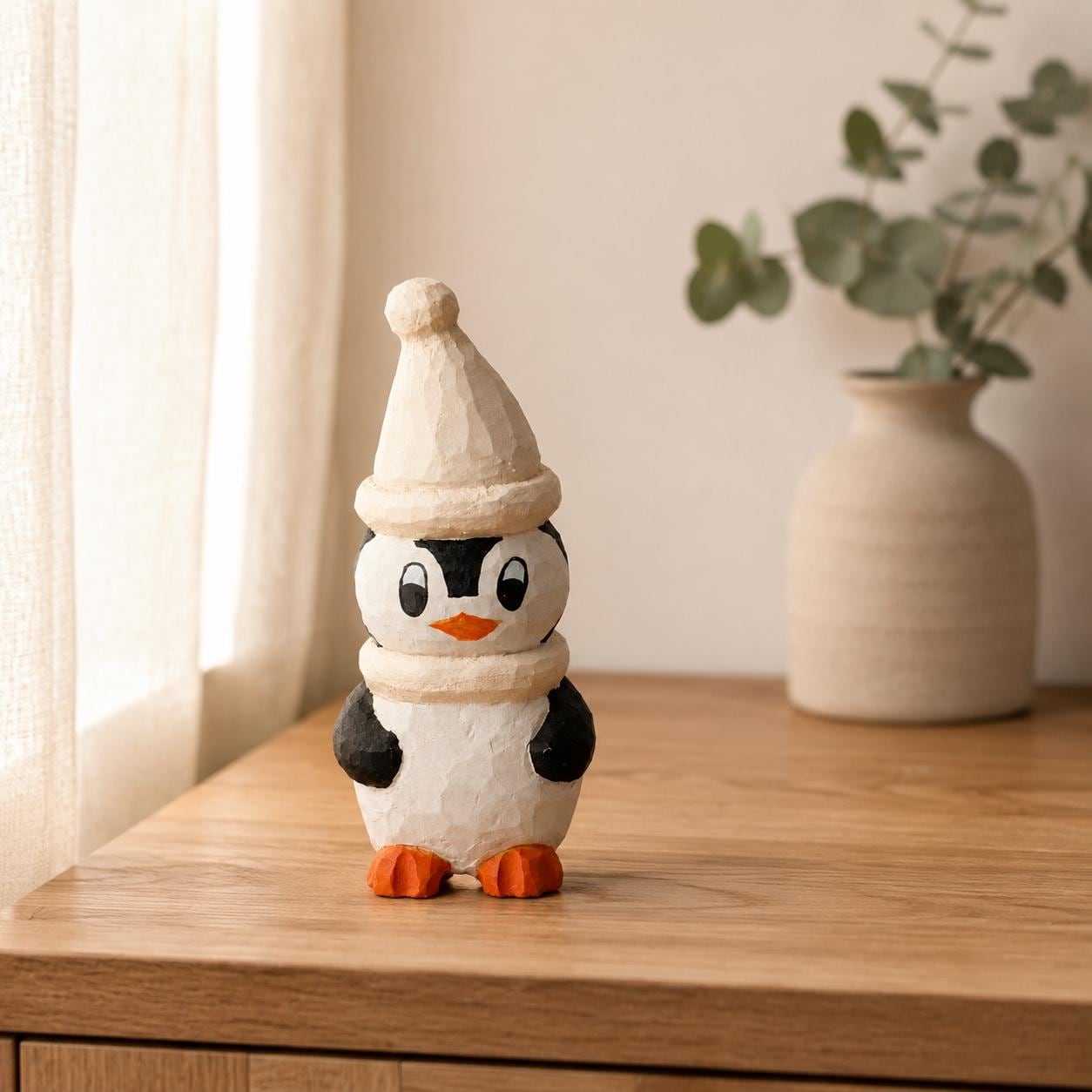 Cozy Hand Carved Wood Penguin Figurine Rustic Winter Animal Decor Wooden Woodland Art Cute Christmas Nursery Gift for Kids