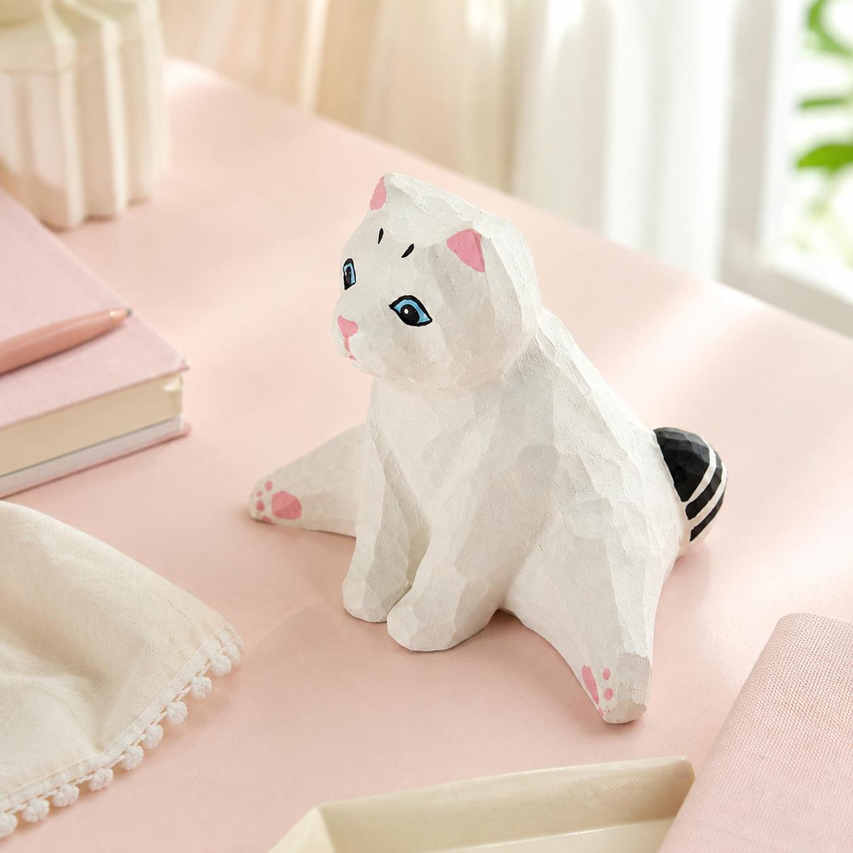 Whimsical White Cat Wood Carving Funny Sploot Kitty Figurine Cat Lover Gift