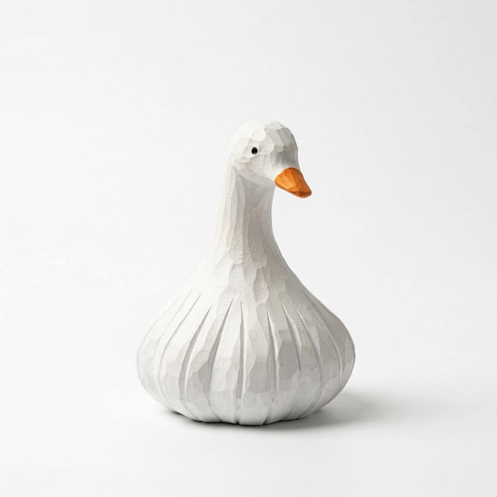 Whimsical Hand-Carved Wooden Goose Figurine, Rustic White Bird Sculpture, Farmhouse Kitchen Decor, Quirky Garlic Goose Art