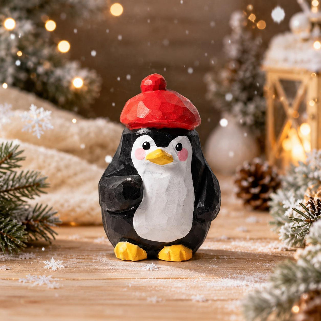 Whimsical Wooden Penguin Figurine in Red Beret, Hand Carved Bird Statue, Cute Desk Decor, Winter Animal Art, Unique Gift for Bird Lover