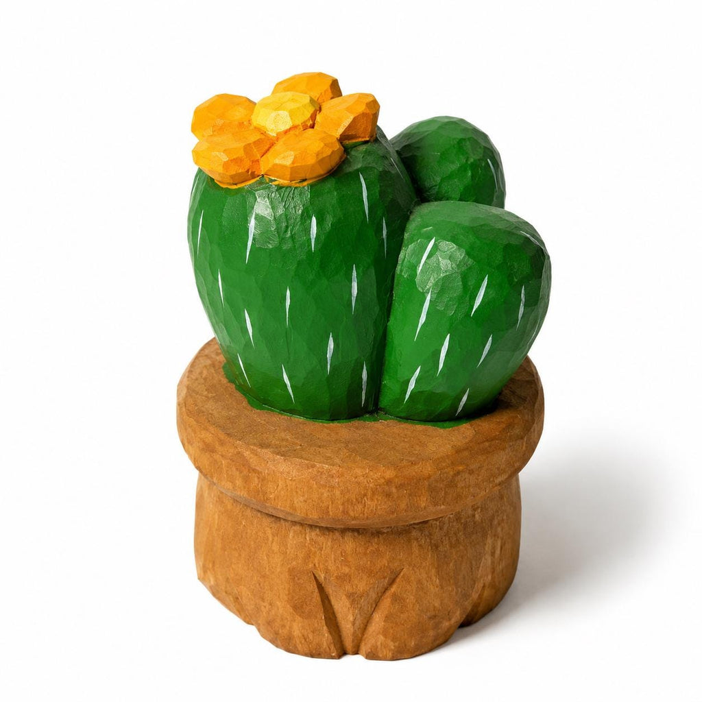Hand Carved Wooden Cactus in Pot | Painted Succulent Figurine with Flower | Desert Plant Desk Decor | Unique Plant Lover Gift