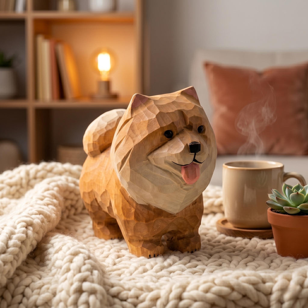 Hand Carved Wooden Pomeranian Figurine, Fluffy Dog Desktop Decor, Rustic Animal Art Sculpture, Pet Memorial Gift for Dog Lover