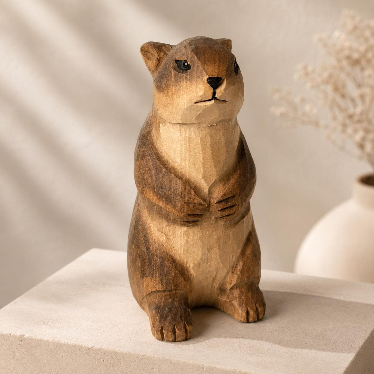 Whimsical Wooden Groundhog Statue Hand Carved Animal Figurine Woodland Nursery Decor Cute Wood Marmot Gift for Nature Lover