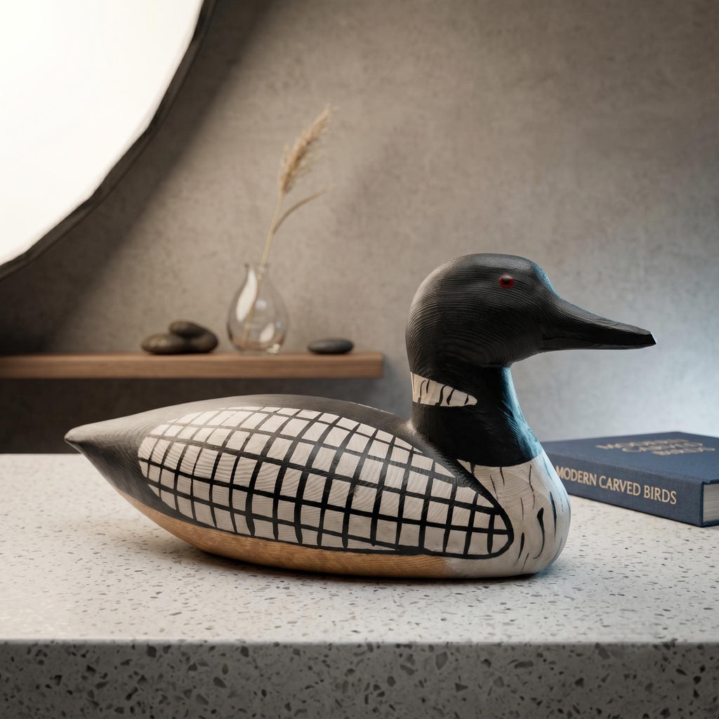 Hand-Carved Wooden Loon Figurine, Rustic Lake House Decor, Black and White Bird Art, Cabin Core Accent, Unique Gift for Bird Lovers
