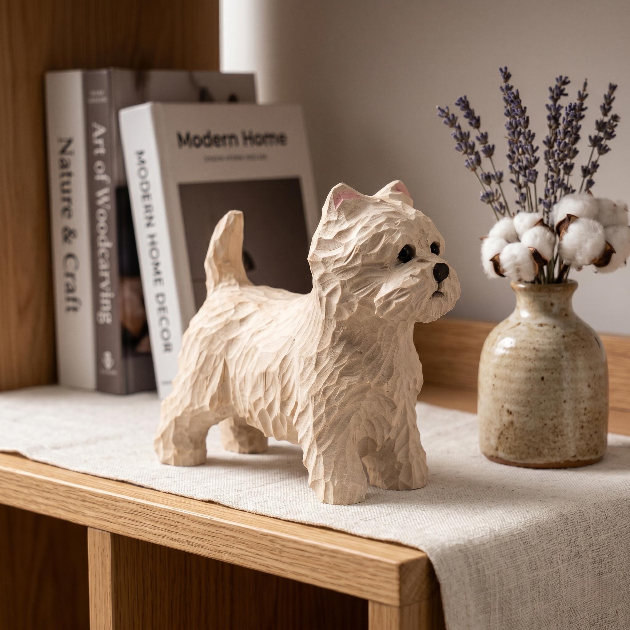 Hand Carved Wooden Westie Figurine, Rustic White Terrier Dog Sculpture, Folk Art Pet Memorial Gift for Dog Lovers, Desk Decor