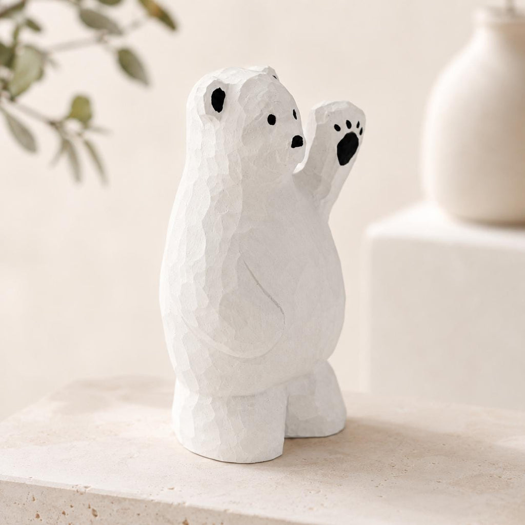 Friendly Waving Polar Bear Wood Carving, Handmade Arctic Animal Figurine, Whimsical Desk Pet, Winter Nursery Decor, Cute Wood Gift for Kids