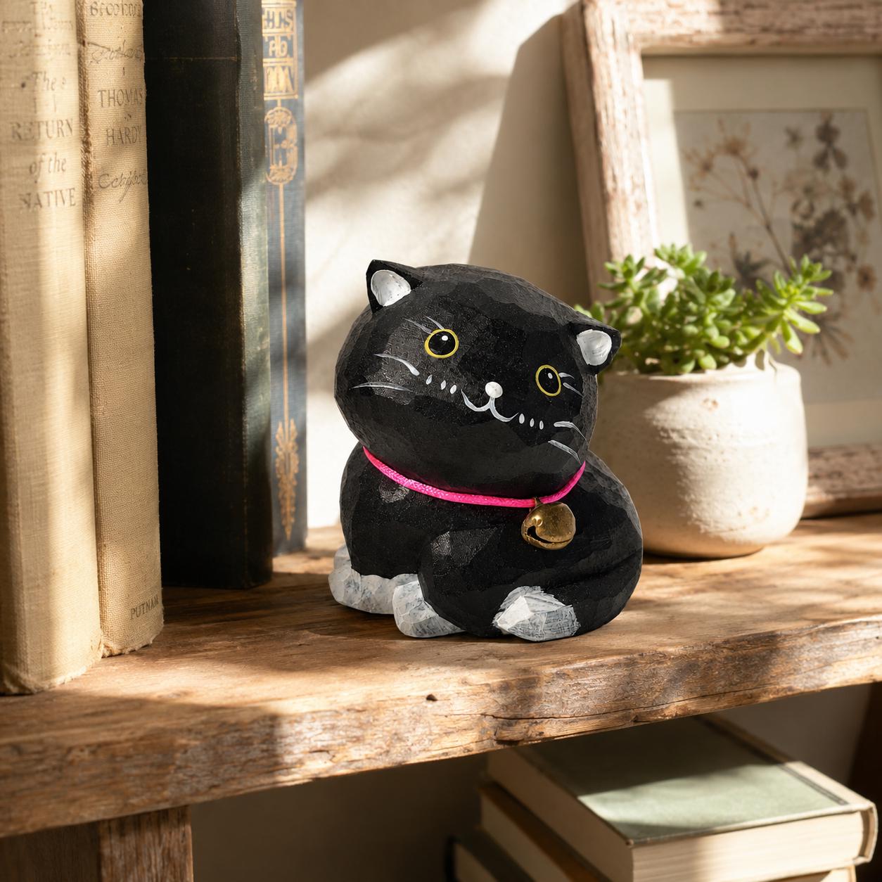Whimsical Black Cat Wood Carving, Wooden Tuxedo Kitten Figurine, Hand Carved Pet Decor, Cute Desk Pet, Cat Lover Gift Idea
