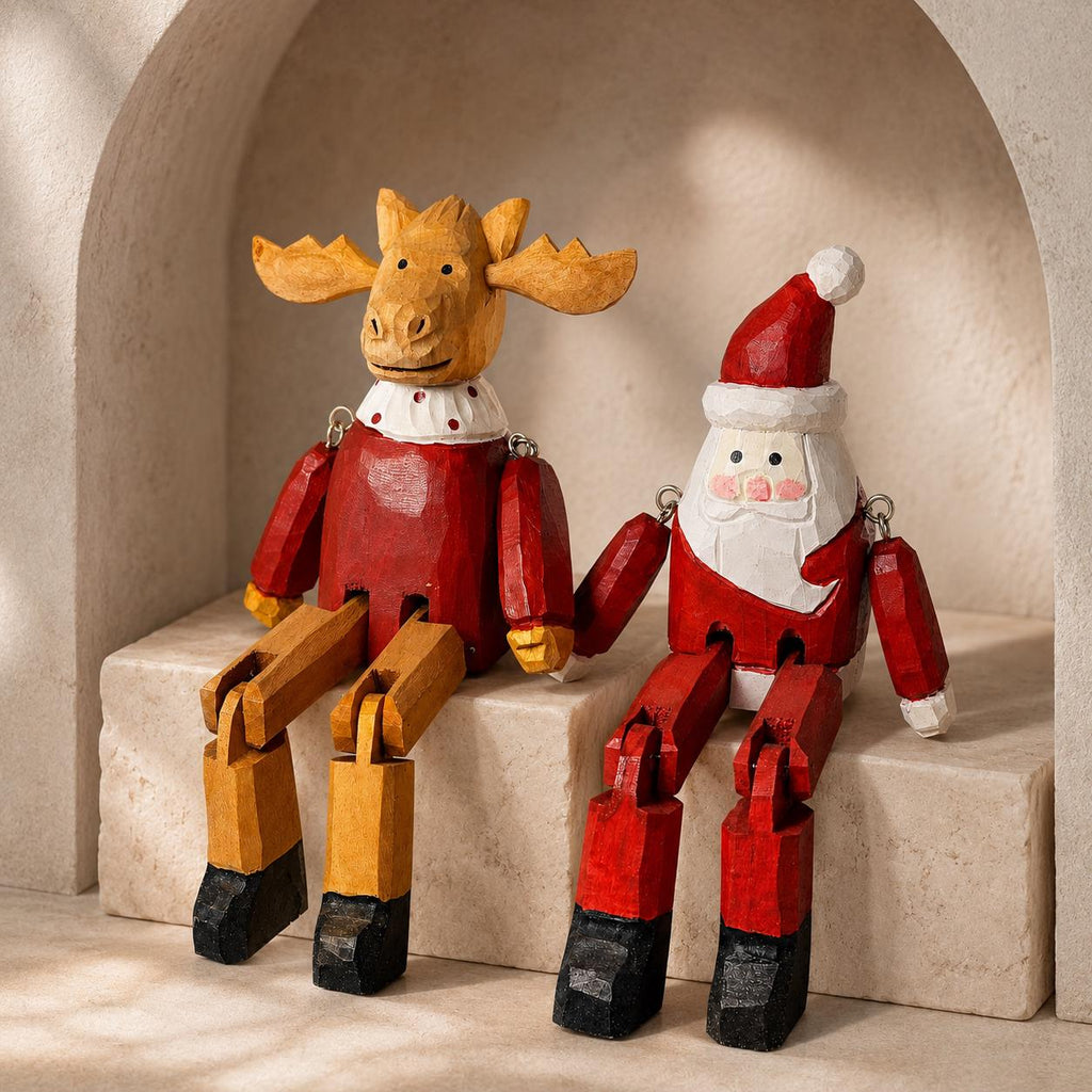 Charming Wooden Santa or Reindeer Shelf Sitter, Articulated Jointed Figure Christmas Decor, Rustic Holiday Gift for Home