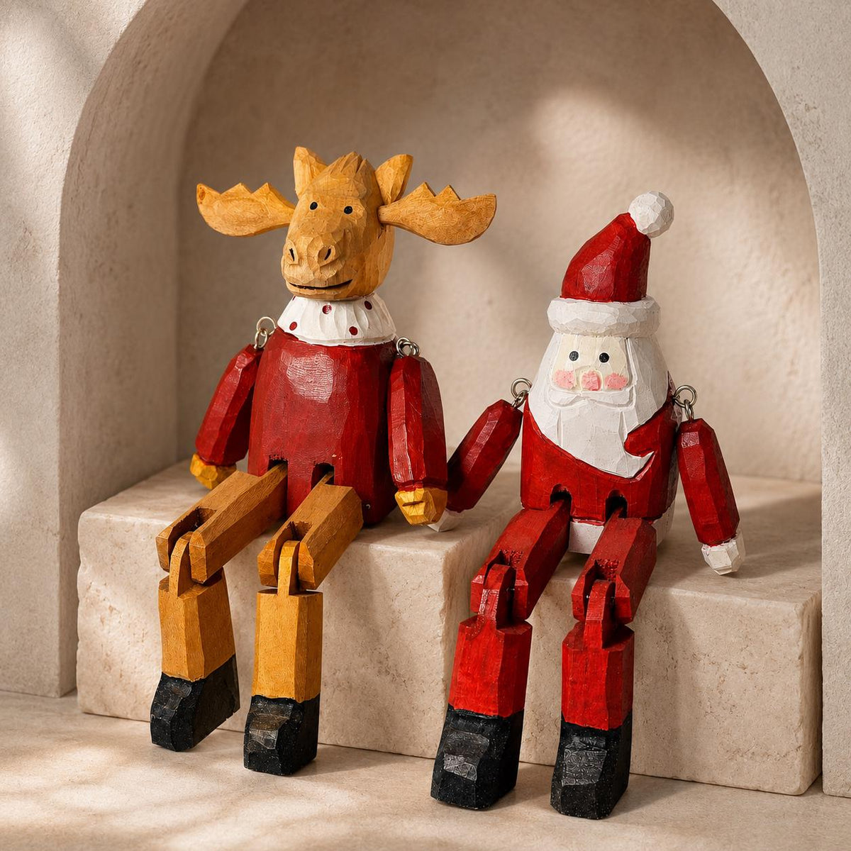 Charming Wooden Santa or Reindeer Shelf Sitter, Articulated Jointed Figure Christmas Decor, Rustic Holiday Gift for Home