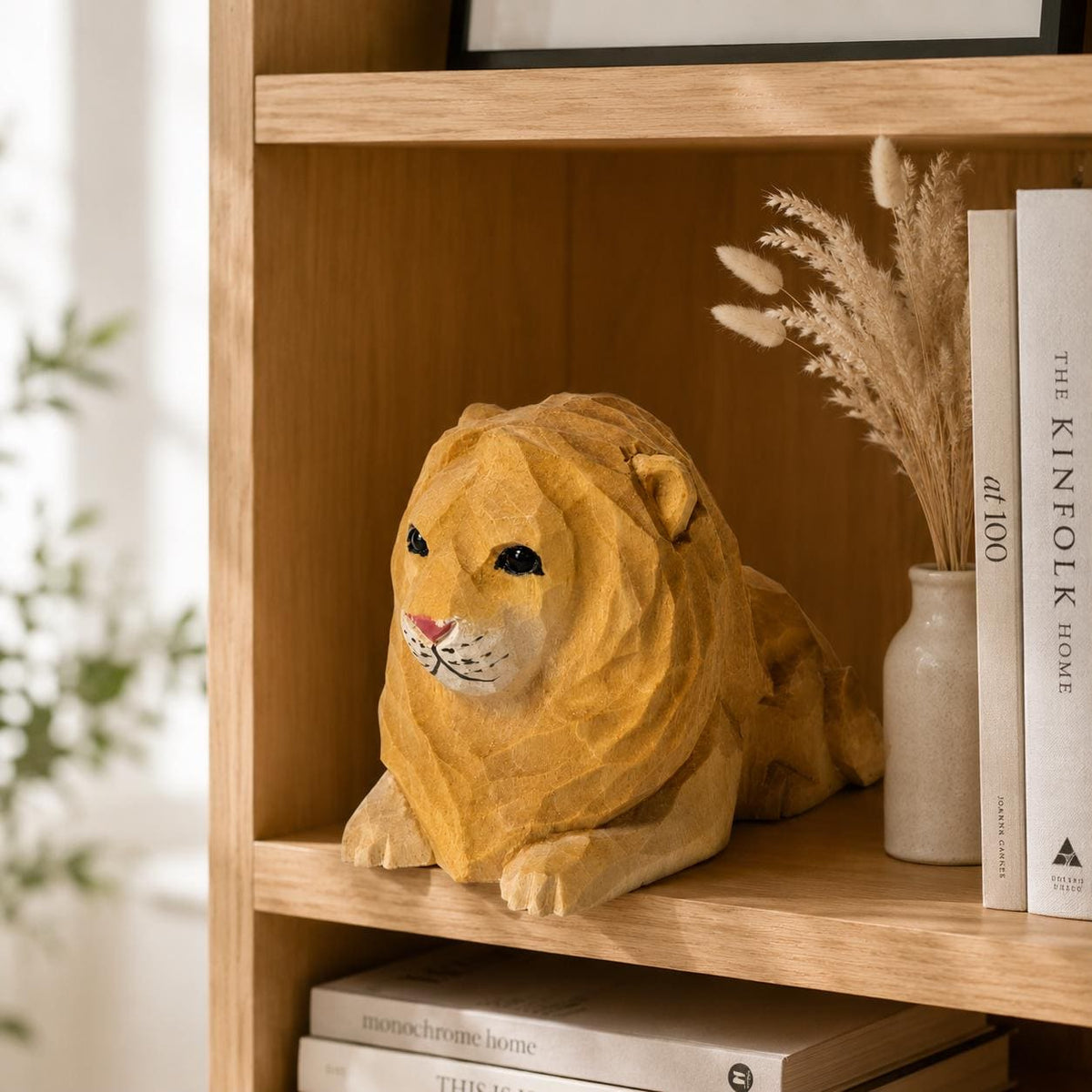 Gentle Wooden Lion Carving, Handmade Safari Animal Figurine, Geometric Wood Art, Unique Nursery Decor, Thoughtful Gift for Lion Lover
