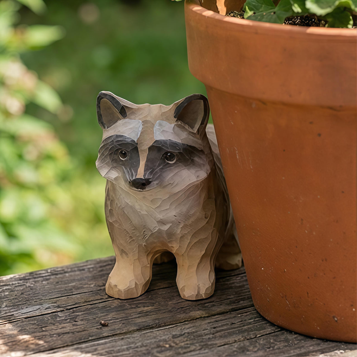 Hand Carved Wooden Raccoon Statue, Rustic Woodland Nursery Decor, Forest Animal Figurine, Garden Ornament