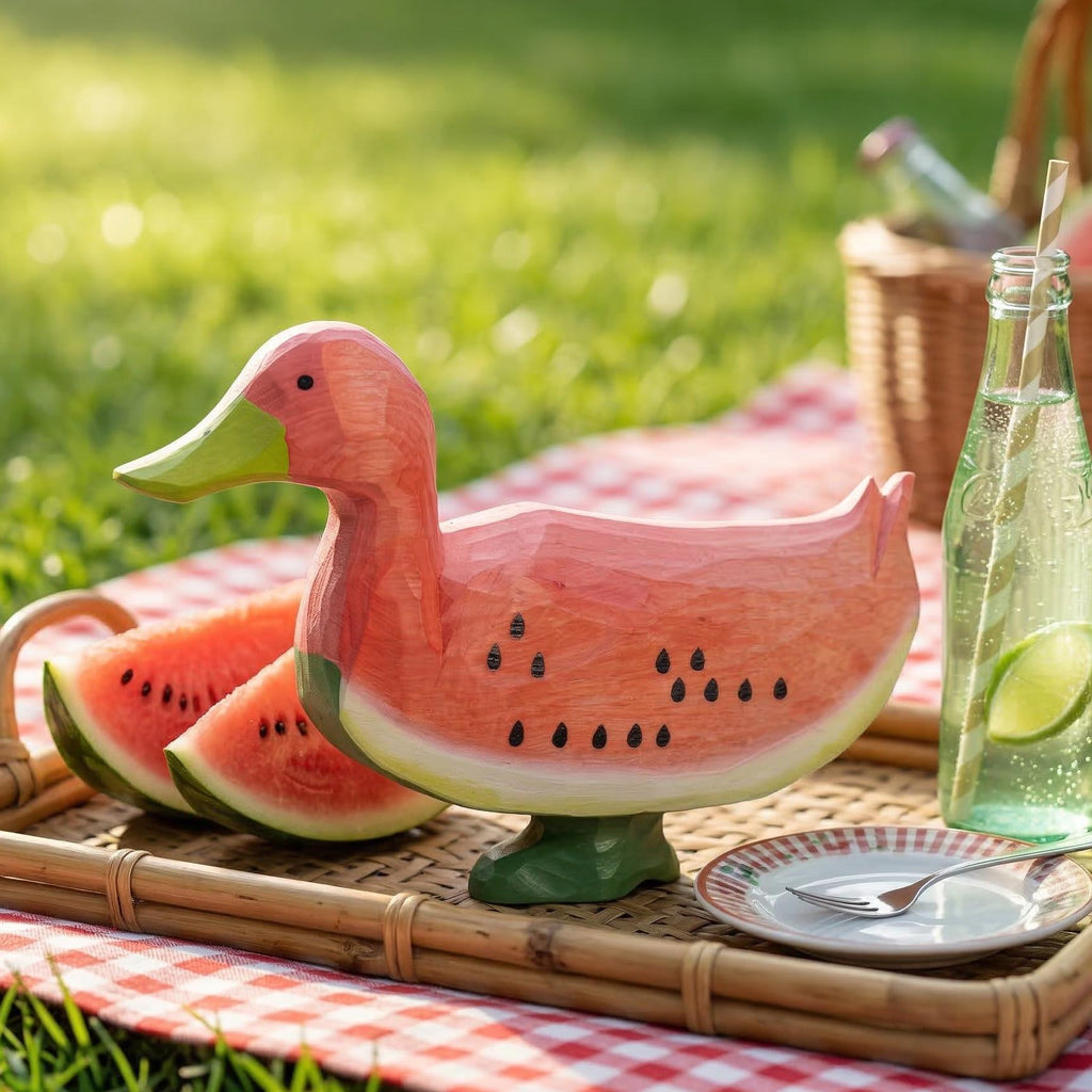 Whimsical Wooden Watermelon Duck Figurine | Hand Carved Wood Bird Sculpture | Summer Tropical Decor | Unique Gift for Animal Lovers