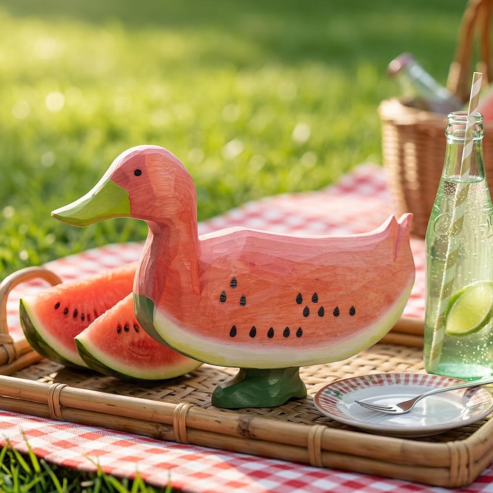 Whimsical Wooden Watermelon Duck Figurine | Hand Carved Wood Bird Sculpture | Summer Tropical Decor | Unique Gift for Animal Lovers