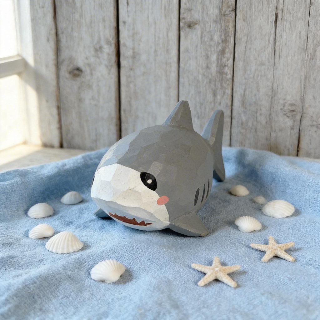 Whimsical Hand Carved Wooden Shark Figurine Cute Nautical Decor Coastal Nursery Art Handmade Wooden Animal Ocean Lover Gift